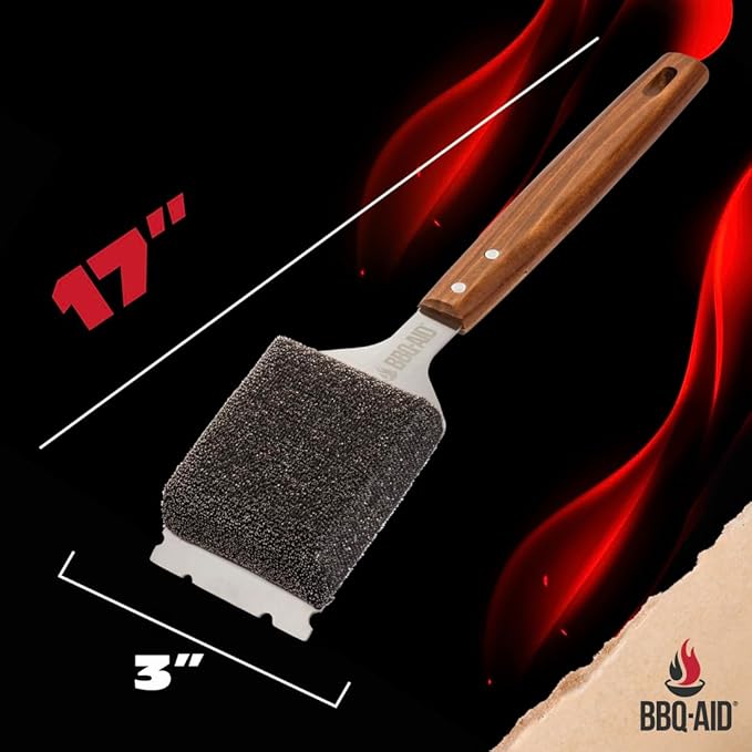 BBQ-AID Bristle Free Grill Brush and Scraper for Barbecue - Extended Large Wooden Handle With Replaceable Head - No Scratch