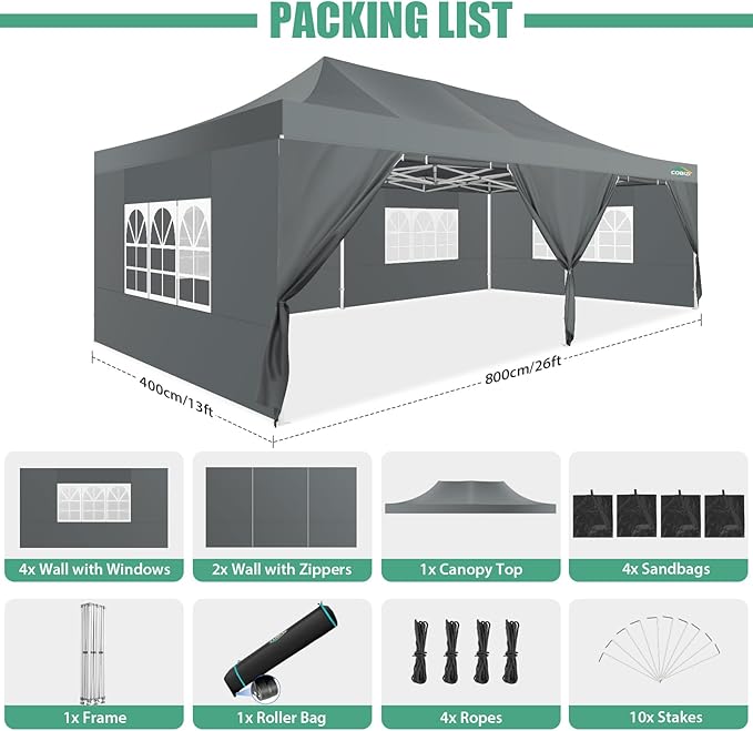 COBIZI 13x26 Pop Up Tent 13x26 Canopy with Sidewalls Heavy Duty Canopy Party Tent for Parties, Outdoor Wedding Large Event
