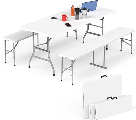 HLPB Folding Table Picnic Table Set, 6 ft Camping Table with 2 Benches, Outdoor Indoor Portable Folding Furniture for