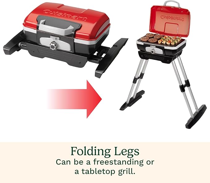 Cuisinart Petite Gourmet Portable Gas Grill with VersaStand, Compact Portable Grill Propane, 150 Sq. In. Cooking Surface,