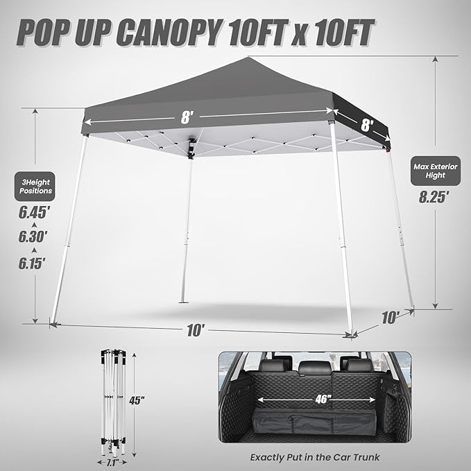 10x10 Pop Up Canopy, 300D Silver Coated Grey Fabric Outdoor Gazebo, Beach Tent Slant Legs with Storage Bag,Easy Up Sun Shade