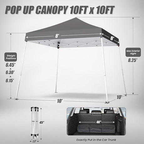 10x10 Pop Up Canopy, 300D Silver Coated Grey Fabric Outdoor Gazebo, Beach Tent Slant Legs with Storage Bag,Easy Up Sun Shade