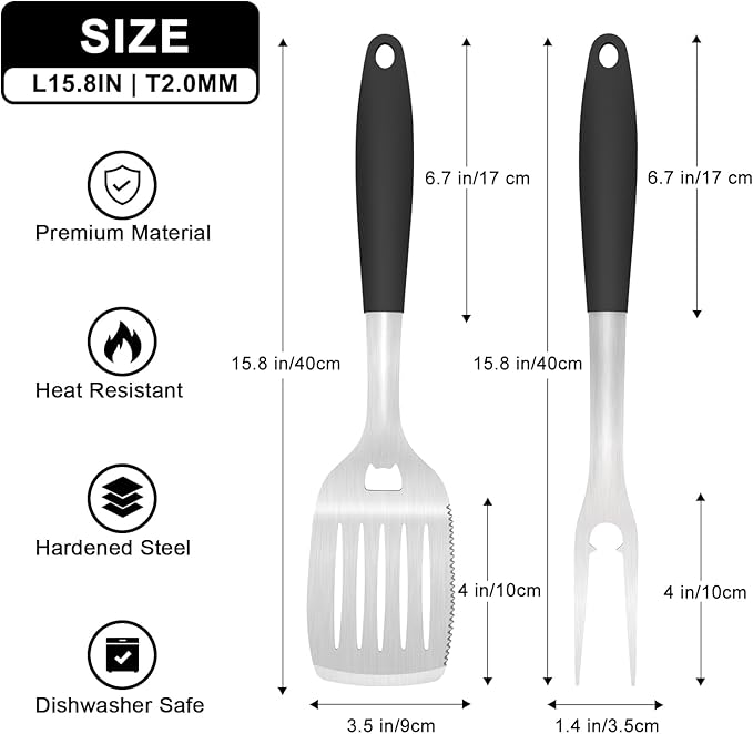 Grill Tools BBQ Accessories Set of 2, 15.8'' Heavy Duty Stainless Steel Grill Utensils with Grill Spatula and Fork, Full
