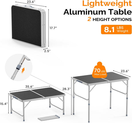 VINGLI 3FT Small Camping Table Adjustable Height Aluminum Folding Table for Picnic Party BBQ, Plastic RV Suitcase Table