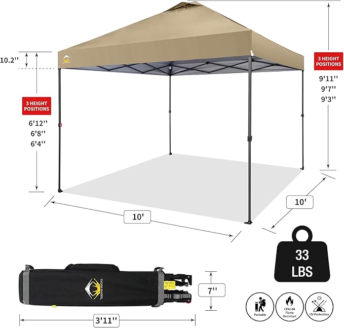 CROWN SHADES 10x10 Pop Up Canopy Tent - Patented Center Lock One Push Instant Outdoor Canopy Beach Tent with STO-N-Go Bag 8