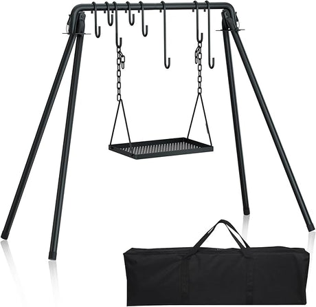 RELIANCER Grill Swing,Campfire Grill Cooking Stand w/8 Hooks & Storage Bag,Cast Iron BBQ Party Swing Grilling Cooking