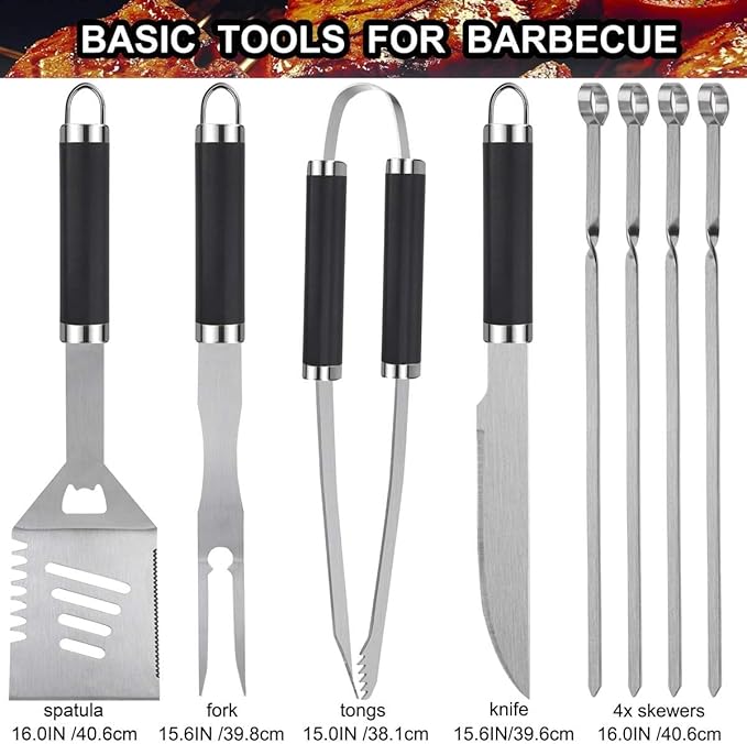 Grilljoy 24PCS BBQ Grill Tools Set with Meat Thermometer and Injector - Extra Thick Stainless Steel Fork, Spatula& Tongs -