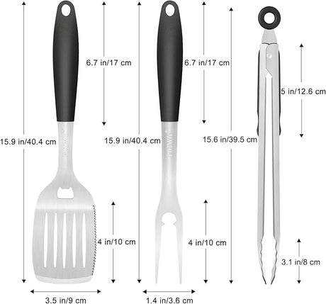 BBQ Grilling Accessories, 3Pcs Stainless Steel Grill Tools Accessories Set with Spatula, Fork and Tongs, Barbecue Utensils