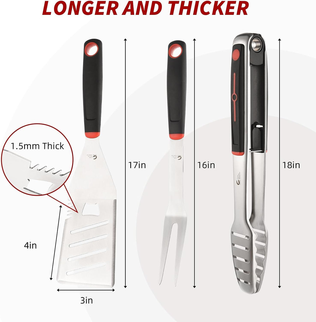 BBQ Tools Set, Heavy Duty Stainless Steel Spatula, Fork & Tongs with Portable Bag, Essential Accessories for Barbecue