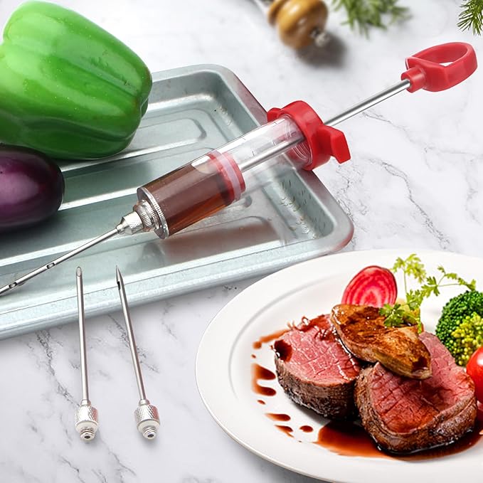 TGE-V 1-oz Plastic BBQ Marinade Injector Kit, Turkey Injector Syringe (3 Stainless Steel Meat Needles + 3 Replacement O