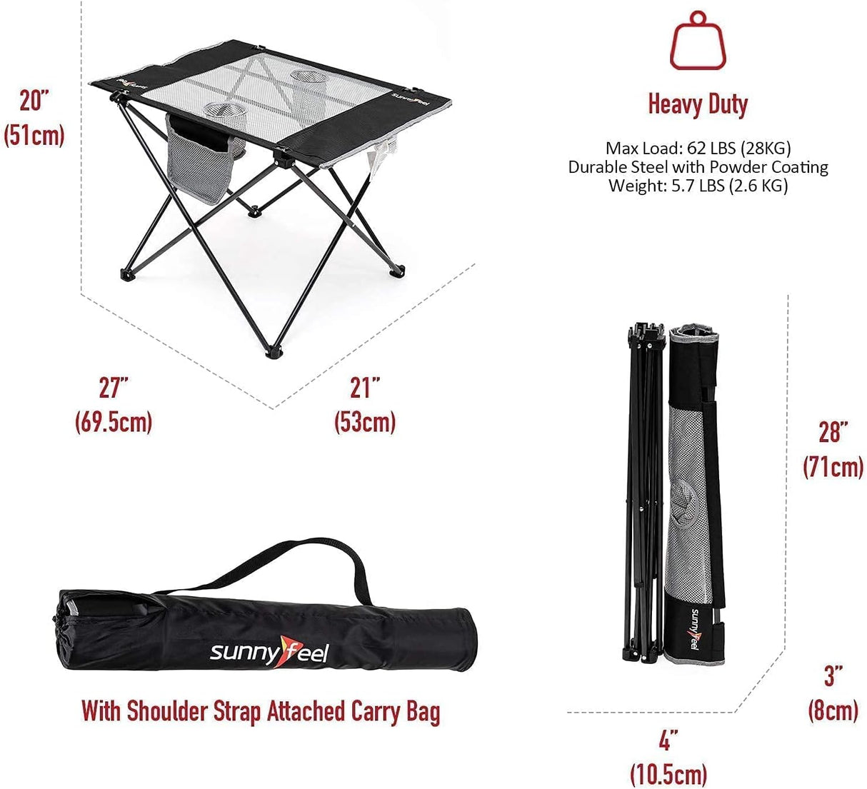 SUNNYFEEL Outdoor Folding Table | Lightweight Mesh Compact Camping Table, Roll Up Top 2 People Portable Camp Tables with