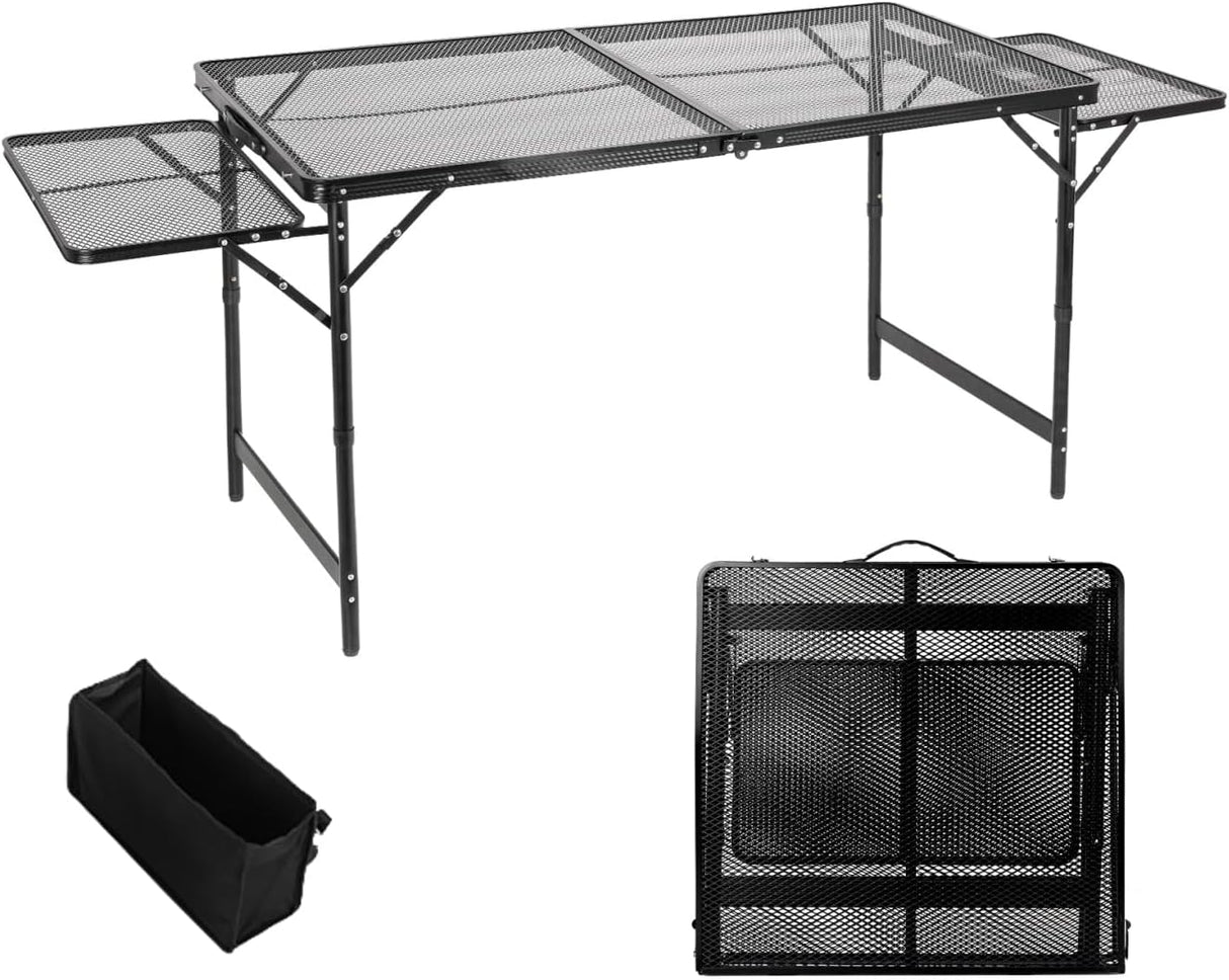 Grill Table Folding Table with 2 Wing Panels 4FT+1.77 FT with with 1×2/5 L Storage Bag Mesh Desktop 3 Height Adjustable