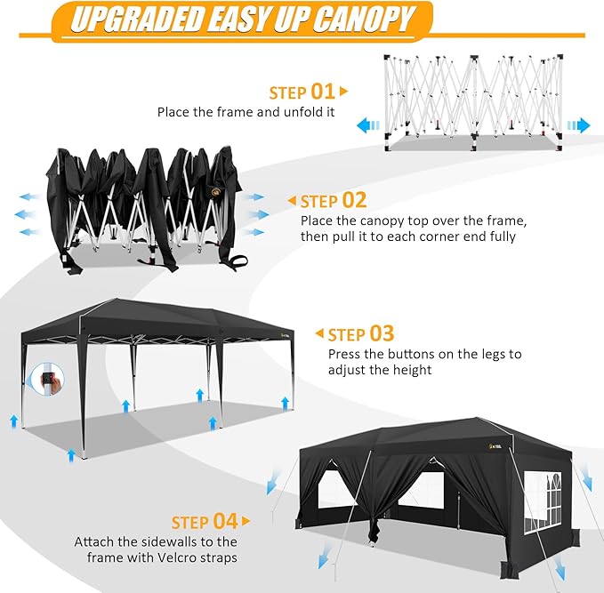 HOTEEL 10x20 Pop up Canopy with 6 Sidewalls, One Push Instant Setup Outdoor Canopy Tent with Reinforce Rod, Weight Bag, for