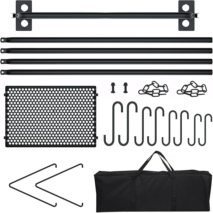 RELIANCER Grill Swing,Campfire Grill Cooking Stand w/8 Hooks & Storage Bag,Cast Iron BBQ Party Swing Grilling Cooking