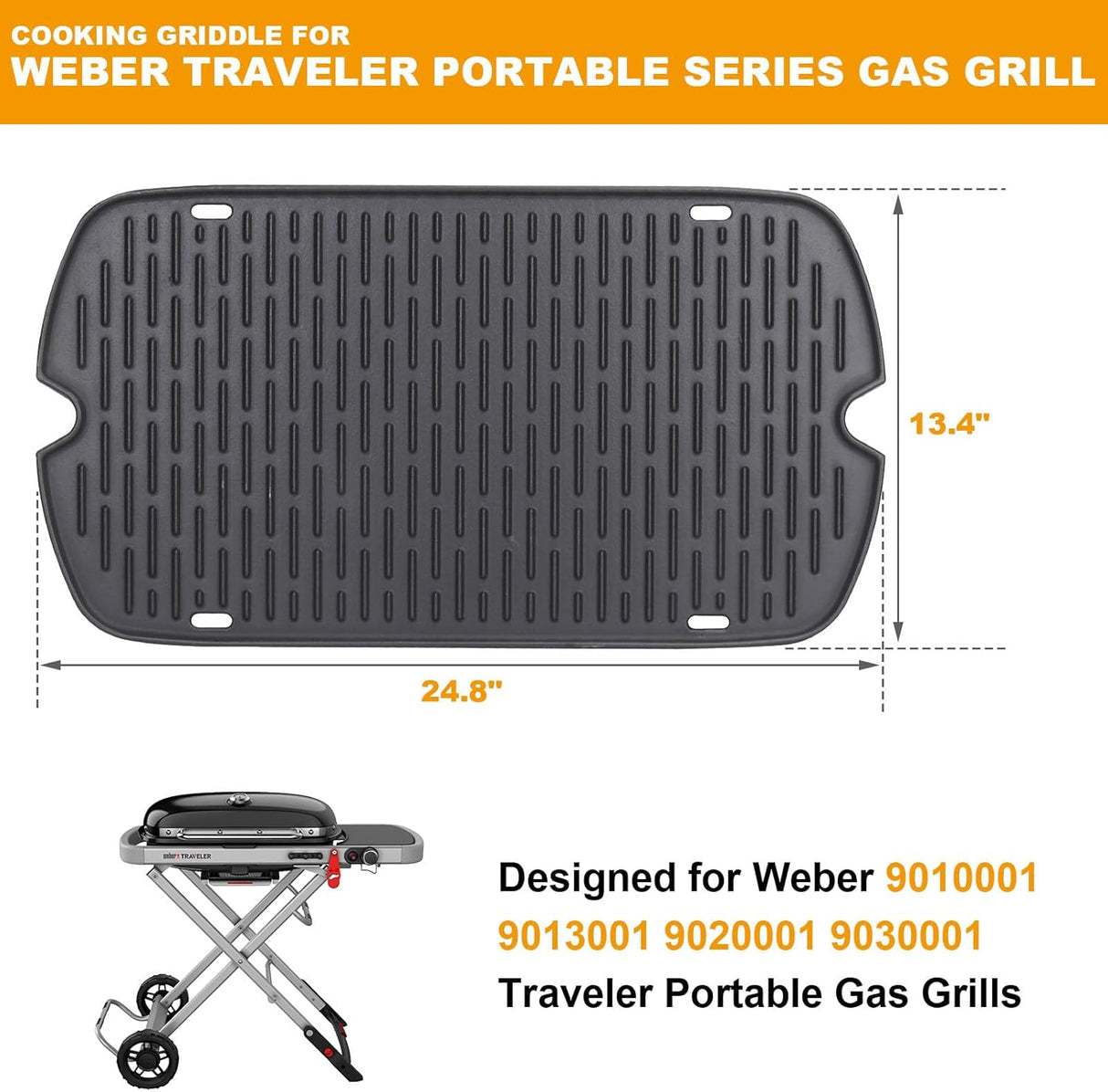 Cast Iron Grill Griddle for Weber 9010001 9011701 9013001 9020001 9030001 Traveler Portable Grill Accessories, Reversible