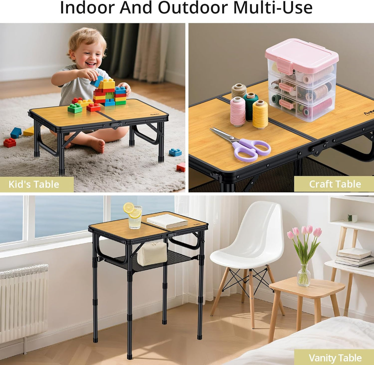 2ft Camping Table Foldable with Storage Net, 3 Adjustable Heights Aluminum Small Folding Table, Lightweight, Portable