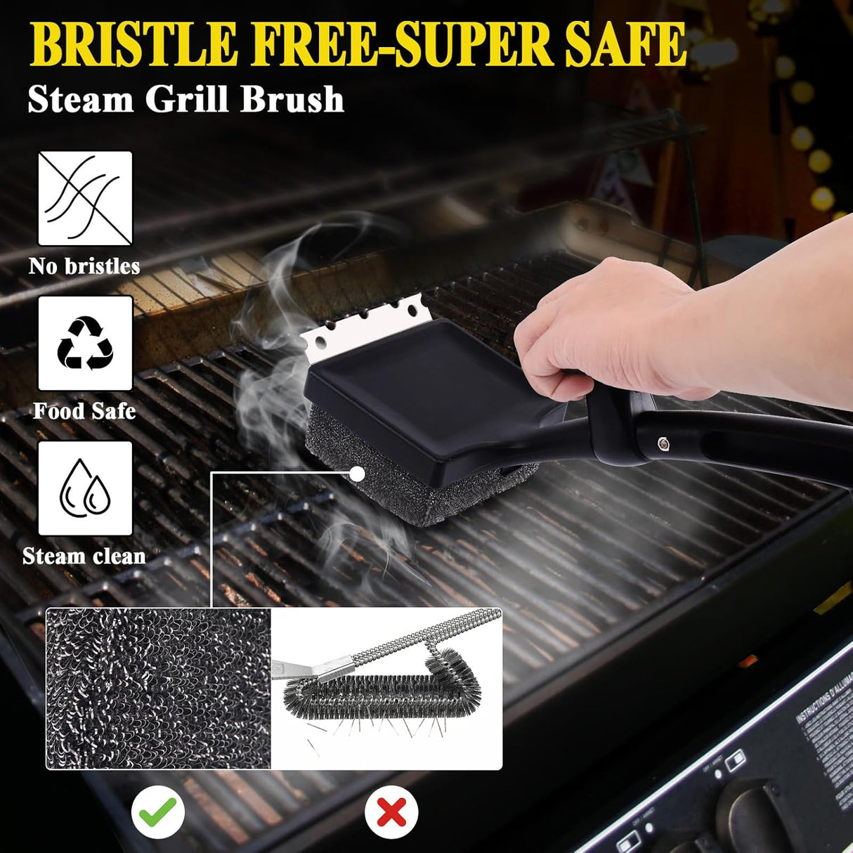 Grill Brush Bristle Free, 4 in 1 Grill Brush for Outdoor Grill with Replaceable Cleaning Head, Extra Long Safe Steam Grill