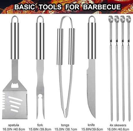 Grilljoy 24PCS BBQ Grill Tools Set with Meat Thermometer and Injector - Extra Thick Stainless Steel Fork, Spatula& Tongs -