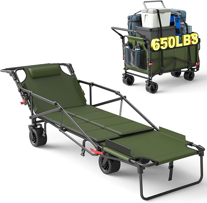 LEVELEVE Heavy Duty Folding Wagon - 2-in-1 Collapsible Cart, 650lb Capacity, All-Terrain Wheels w/Brakes & Side Pockets