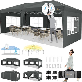 HOTEEL 10x20 Pop up Canopy with 6 Sidewalls, One Push Instant Setup Outdoor Canopy Tent with Reinforce Rod, Weight Bag, for