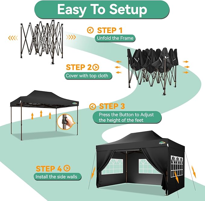 COBIZI 10x15 Pop Up Canopy Tent Heavy Duty with Sidewall, Commercial Outdoor Easy Pop Up Gazebo for Party Wedding All