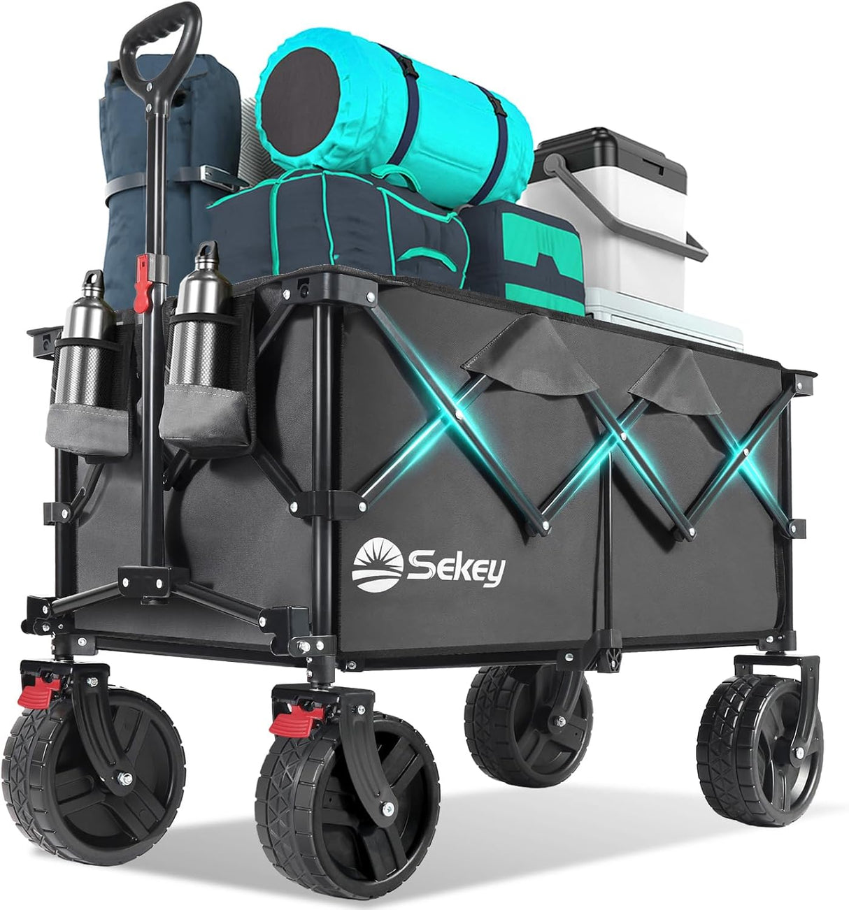 Collapsible Wagon Cart with Big All-Terrain Beach Wheels, Foldable Heavy Duty Wagons with Cup Holders, Utility Carts for