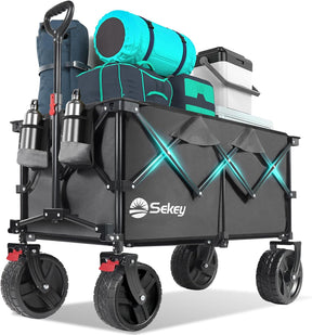 Collapsible Wagon Cart with Big All-Terrain Beach Wheels, Foldable Heavy Duty Wagons with Cup Holders, Utility Carts for