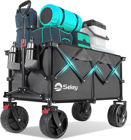 Collapsible Wagon Cart with Big All-Terrain Beach Wheels, Foldable Heavy Duty Wagons with Cup Holders, Utility Carts for