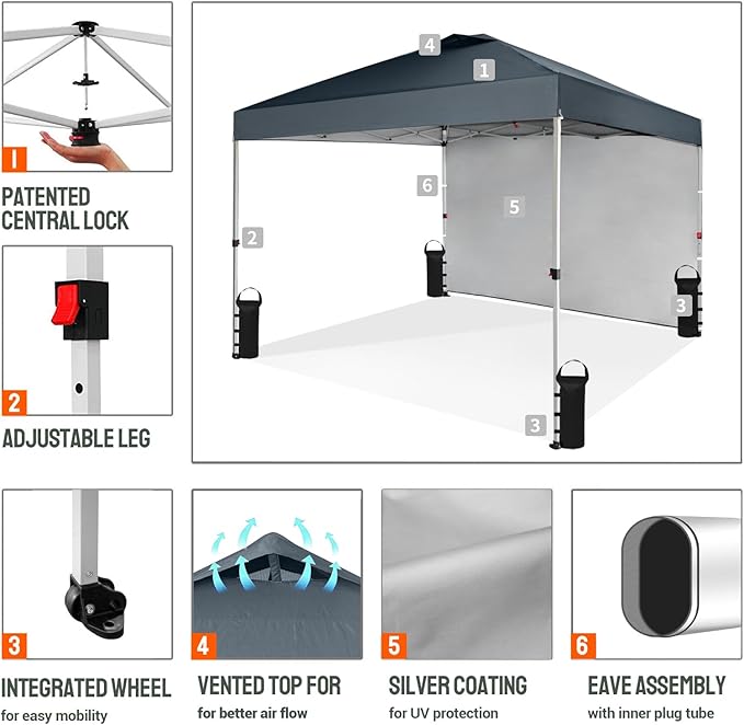 CROWN SHADES 10x10 Pop Up Canopy with 1 Side Wall - Beach Tent with One Push Setup - Outdoor Sun Shade for Events, Parties,