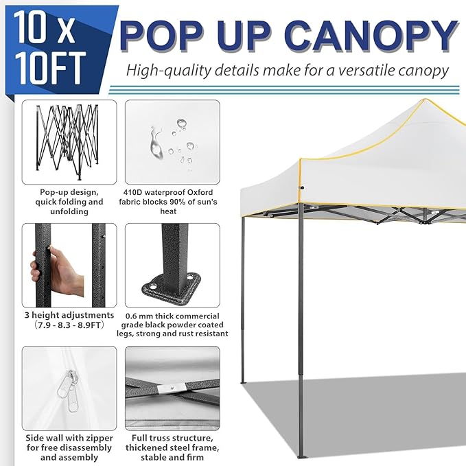 COBIZI 10x10 Heavy Duty Pop up Canopy Tent with 4 Removable Sidewalls, Ez Pop up Canopy with Portable Bag, Commercial Gazebo