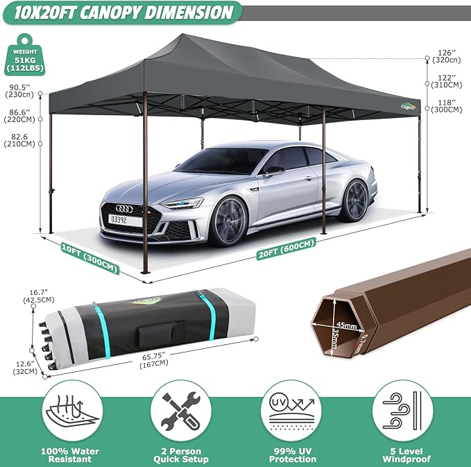 COBIZI 10x20 Pop Up Canopy Heavy Duty Without Sidewalls, Commercial Heavy Duty Pop Up Tent for Parties All Weather