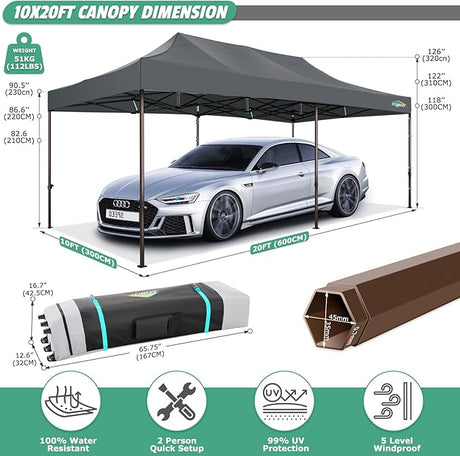 COBIZI 10x20 Pop Up Canopy Heavy Duty Without Sidewalls, Commercial Heavy Duty Pop Up Tent for Parties All Weather