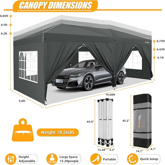 HOTEEL 10x20 Pop up Canopy with 6 Sidewalls, One Push Instant Setup Outdoor Canopy Tent with Reinforce Rod, Weight Bag, for