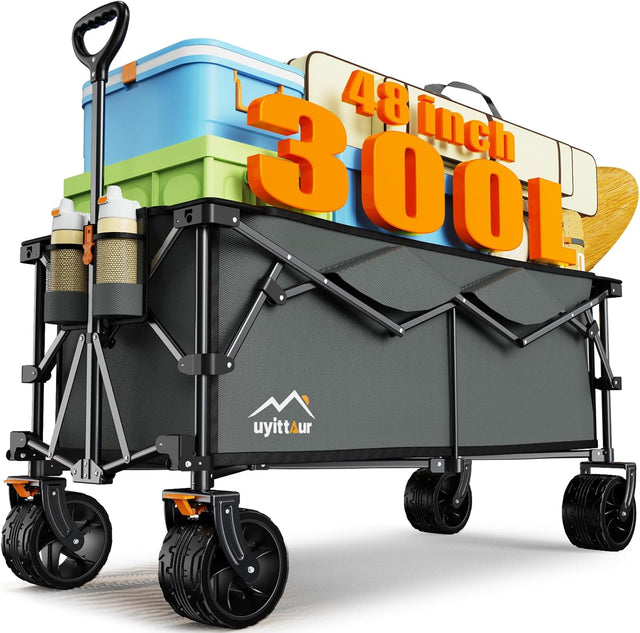 300L Extra Large Collapsible Foldable Wagon, 440lbs Load Capacity 48''L Extended Heavy Duty Folding Beach Wagon with Big