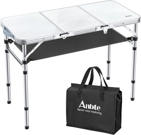 Folding Camping Table with Storage Net, 3ft Camping Table Aluminum Folding Table with 3 Adjustable Height Max 27.1 Inch,
