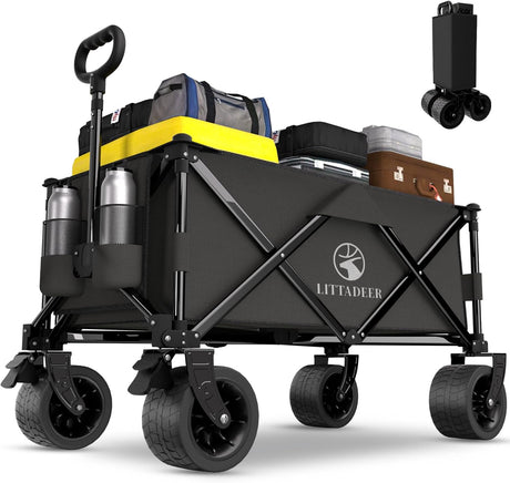 Collapsible Wagon Cart with Silent All-Terrain Wheels, Foldable Heavy Duty Beach Wagon with 330LB,Folding Cart with Cup