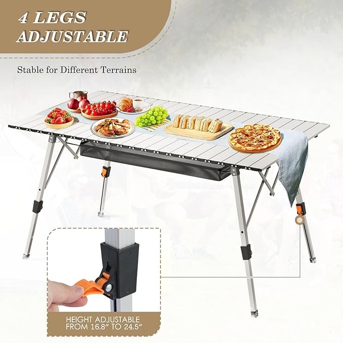 Athena Collection Foldable Camping Table, 47" Aluminum Outdoor Folding Camp Table with Mesh Layer Telescopic Legs and Carry