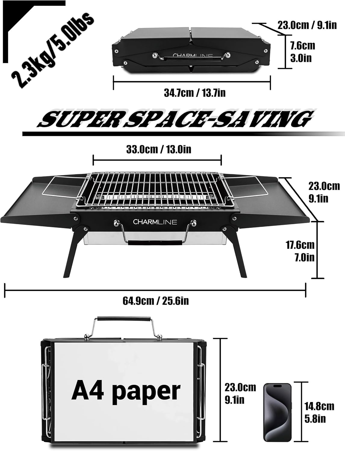Charmline 14x9inch Foldable Portable Grill Charcoal, Compact Portable Grill for Outdoor Use, Desktop Charcoal Grill, BBQ