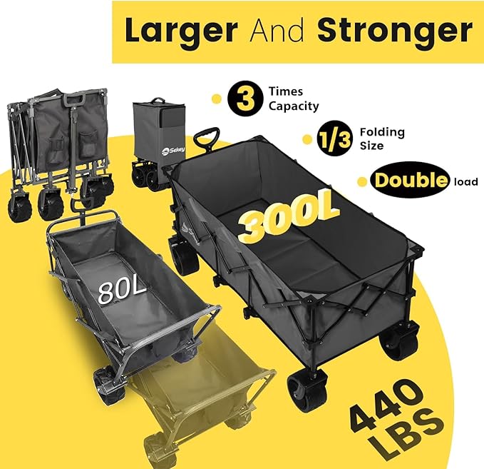 Sekey 48''L Collapsible Foldable Extended Wagon with 440lbs Weight Capacity, Heavy Duty 300L Folding Utility Garden Cart