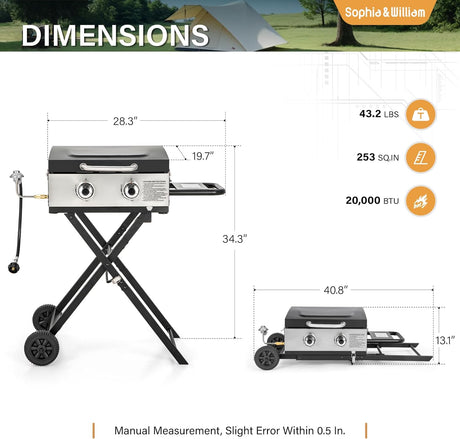 Sophia & William Portable Gas Grill Griddle, Small Propane BBQ grill with Foldable Legs & Wheels for Outdoor Barbecue,