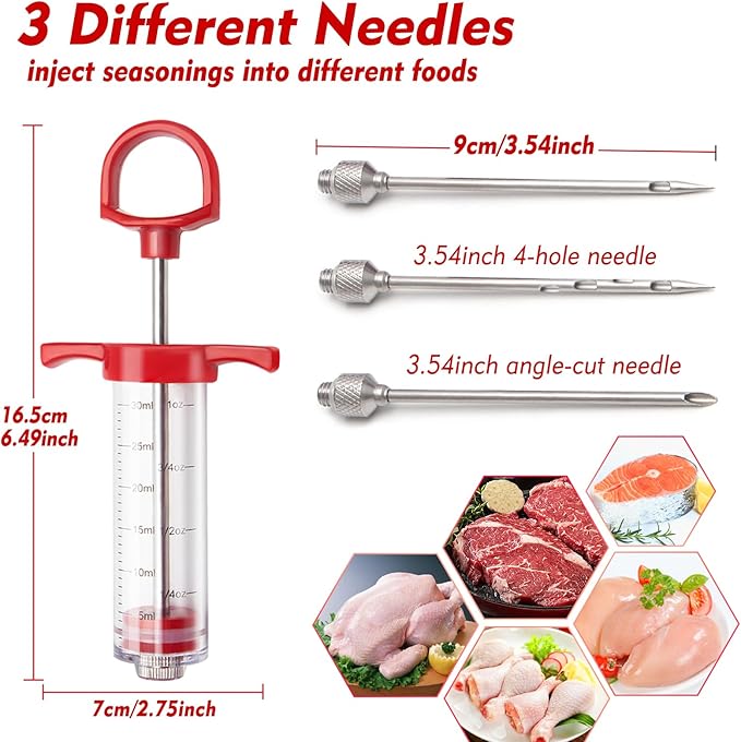 TGE-V 1-oz Plastic BBQ Marinade Injector Kit, Turkey Injector Syringe (3 Stainless Steel Meat Needles + 3 Replacement O