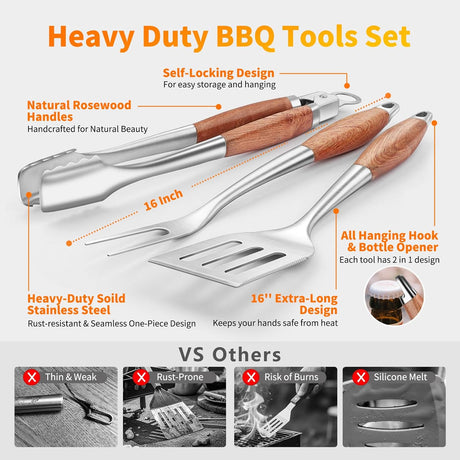 16 Inch Grilling Accessories Set, Heavy Duty Stainless Steel BBQ Accessories Tools and Grill Accessories for Outdoor Grill
