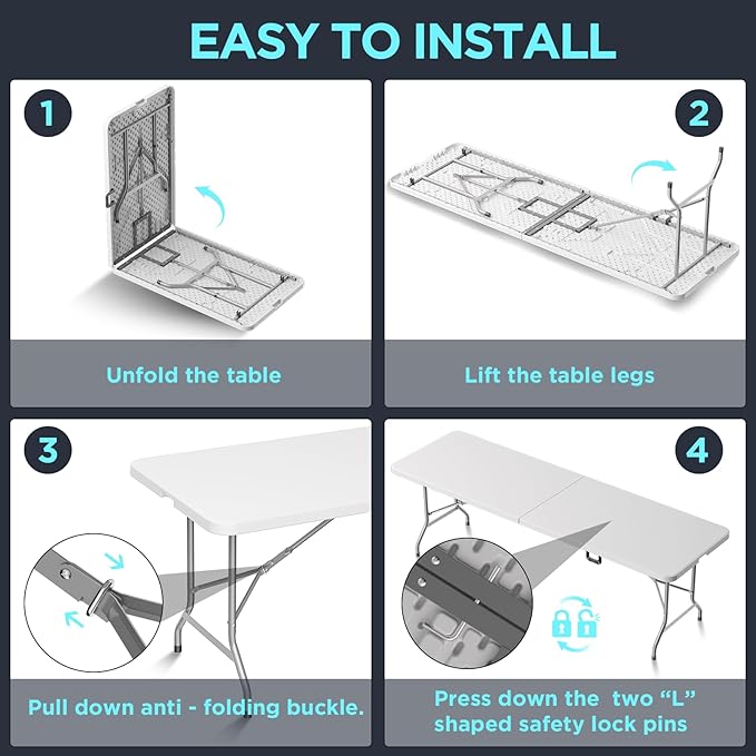 HLPB Folding Table Picnic Table, 8 ft Portable Camping Table with Handle and Safety Locks, Foldable Table Plastic Dining