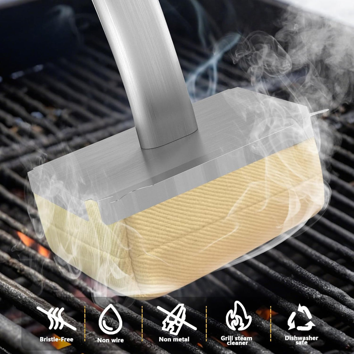 Grill Brush Bristle Free,Long Handle Steam Grill Brush for Outdoor Grill,BBQ Safe Grill Cleaner Brush,Includes 2 Replaceable