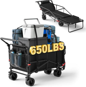 LEVELEVE Heavy Duty Folding Wagon - 2-in-1 Collapsible Cart, 650lb Capacity, All-Terrain Wheels w/Brakes & Side Pockets