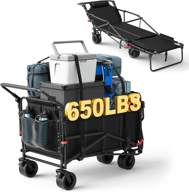 LEVELEVE Heavy Duty Folding Wagon - 2-in-1 Collapsible Cart, 650lb Capacity, All-Terrain Wheels w/Brakes & Side Pockets