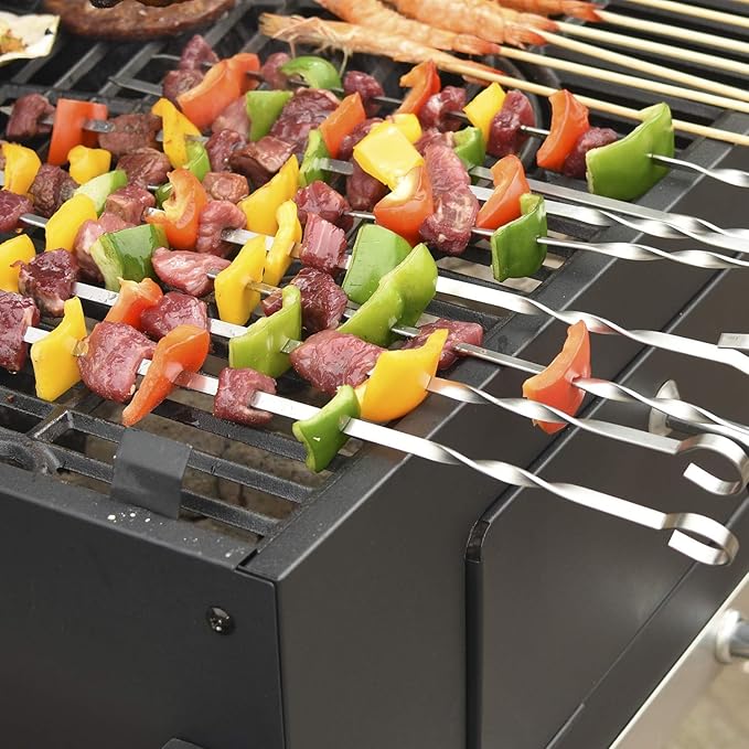 Kabob Skewers 14" Stainless Steel Long BBQ Barbecue Skewers, Flat Metal Kebob Sticks Wide Reusable Grilling Skewers for Meat