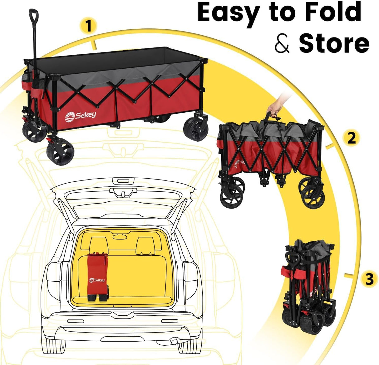 Sekey 48''L Collapsible Foldable Extended Wagon with 440lbs Weight Capacity, Heavy Duty 300L Folding Utility Garden Cart