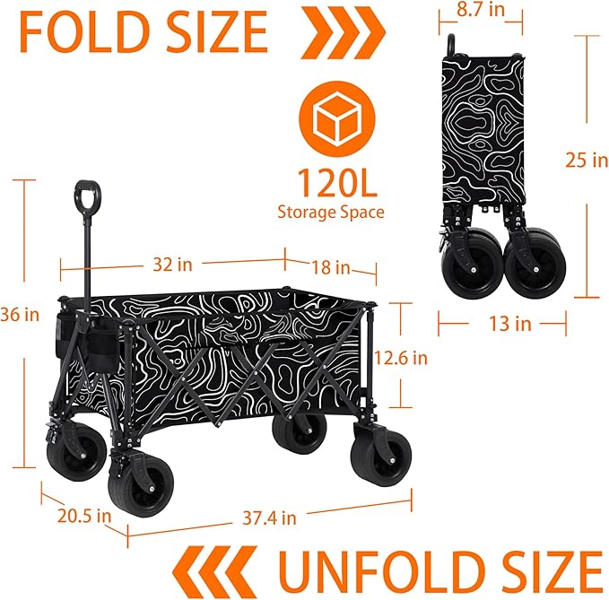 Collapsible Wagon with Big Wheels, Wagons Carts Foldable 400LBS Large Capacity, Heavy Duty Utility Cart Grocery Wagon w/Side
