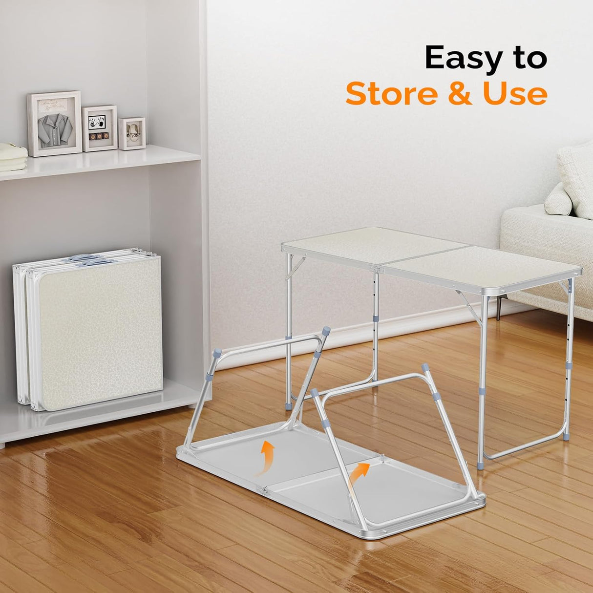 VINGLI 4FT White Folding Table with Carrying Handle Height Adjustable Lightweight Fold Up Portable for Indoor Outdoor
